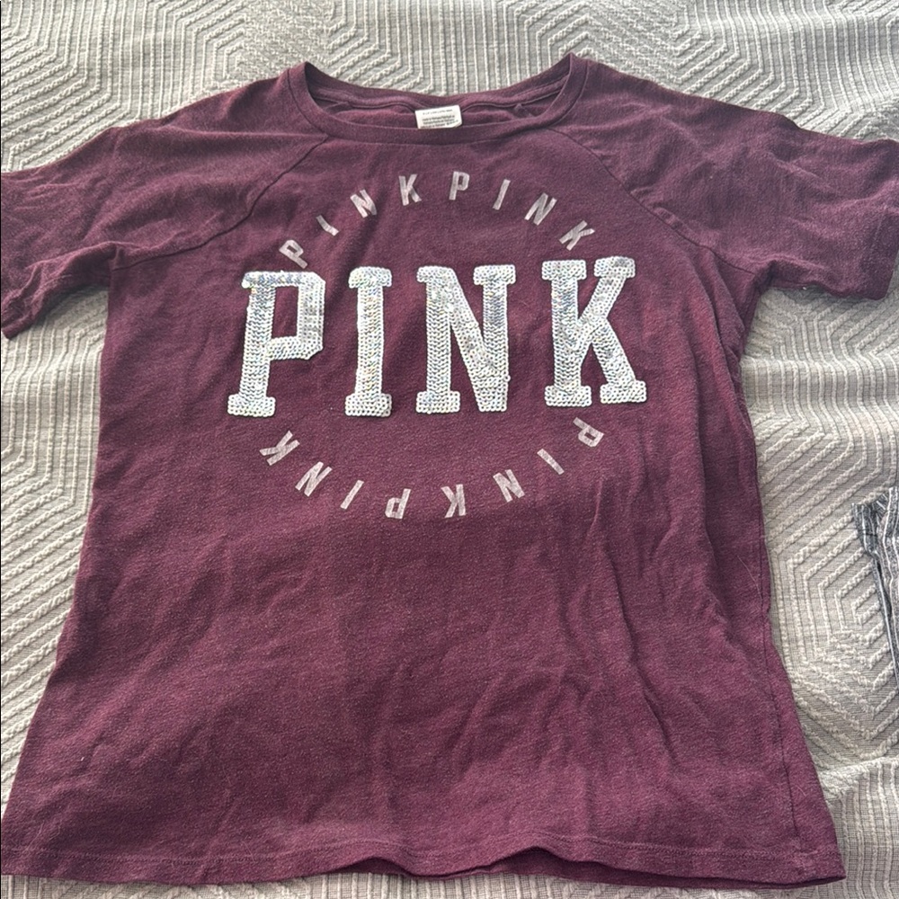 PINK Victoria's Secret Purple Short Sleeve Tee with Bold Graphic Design
